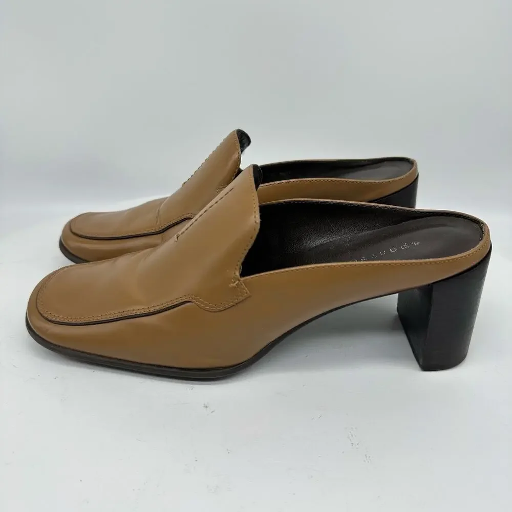 Apostrophe Cognac Block Heel Leather Square Toe Mule Womens Size 7 Y2K Vintage